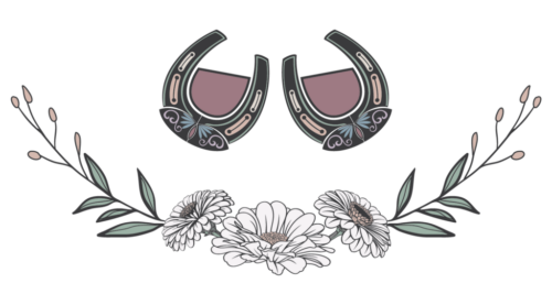Graphic of two ornate horseshoe wine glasses over floral bouquet